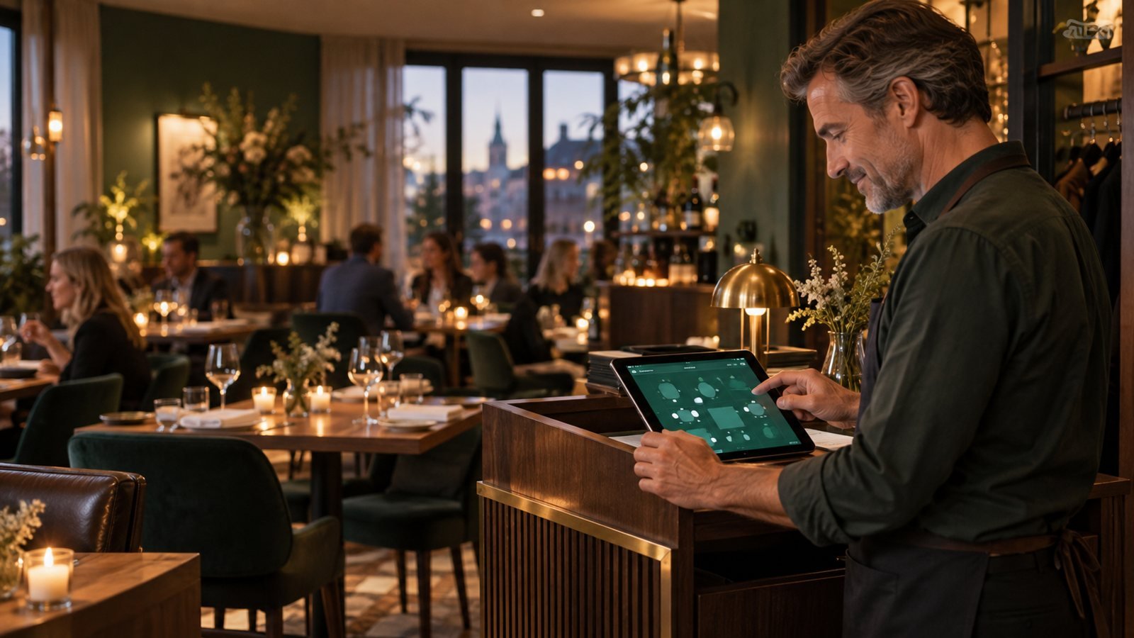 Restaurantinhaber nutzt ein Tablet für die digitale Reservierungsplanung in einem einladenden Restaurant