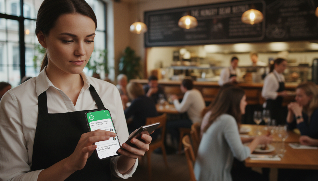 Restaurant-Mitarbeiter kommuniziert mit Gästen über WhatsApp