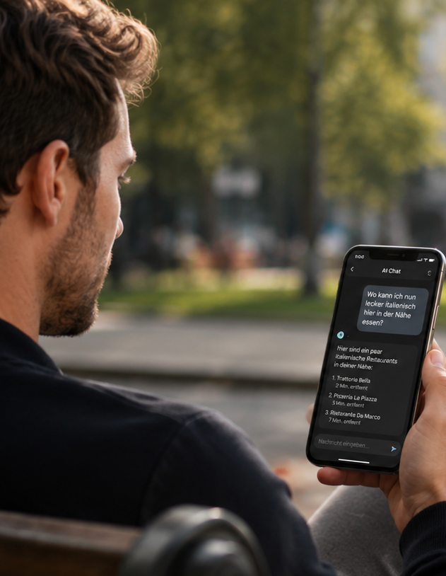 Gast nutzt einen KI-Chat auf dem Smartphone im Park