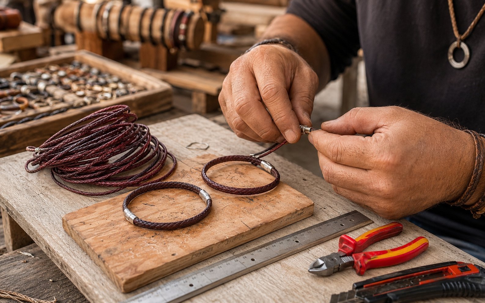 Handgefertigte Lederarmbänder der Marke SEEOXX in der Werkstatt
