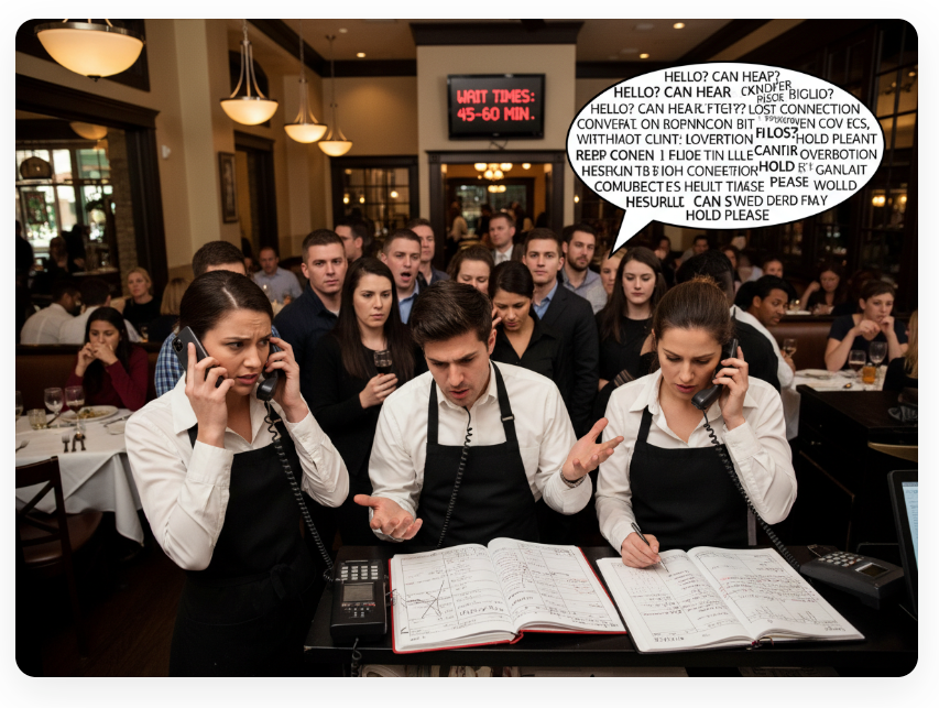 Überlastetes Restaurantpersonal am Telefon
